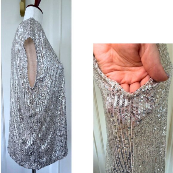 CECE Silver Sequin Cap Sleeve V-Neck Top Size M - Picture 5 of 12